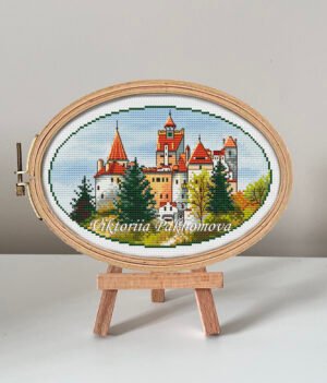 Dracula’s Castle cross stitch pattern in embroidery hoop, Transylvania Romania gothic landscape
