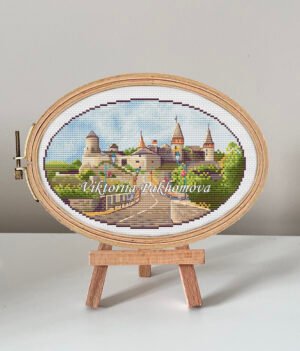 132 Kamyanets‑Podilskyi fortress cross stitch pattern in embroidery hoop, detailed Ukraine castle landscape