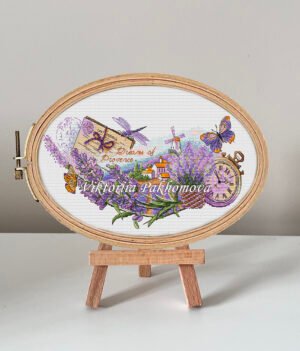 Lavender fields cross stitch pattern with dragonfly and butterfly in a wooden hoop, summer floral landscape design