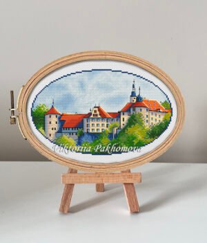 Langenburg castle cross stitch pattern in embroidery hoop, detailed German summer landscape