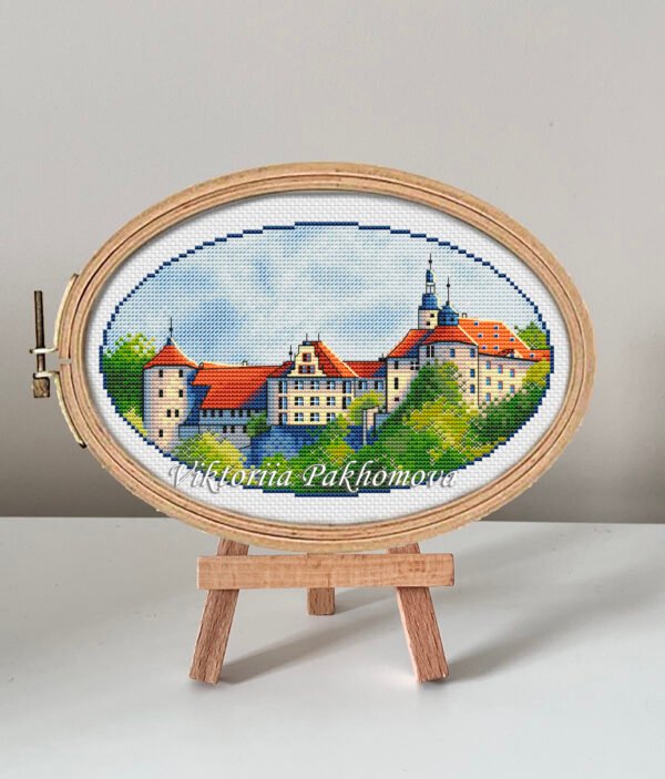 Langenburg castle cross stitch pattern in embroidery hoop, detailed German summer landscape
