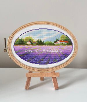 Lavender fields cross stitch pattern in embroidery hoop, Provence summer landscape design