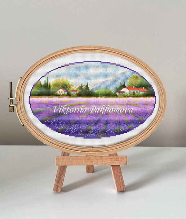 132 Lavender fields cross stitch pattern in embroidery hoop, Provence summer landscape design