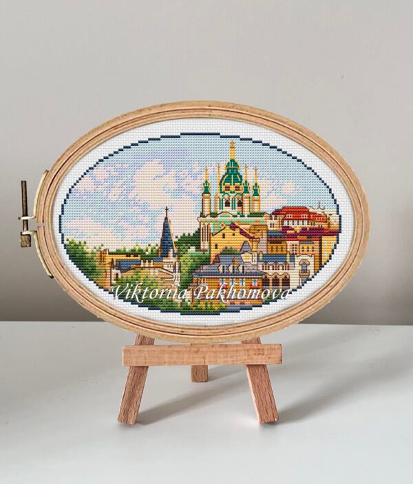 Kyiv Andriyivskyi Descent cross stitch pattern in embroidery hoop, colorful Ukrainian summer cityscape