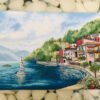 Italian lake Como landscape cross stitch in a frame, bright Lake Como scenery with boats and mountains, summer embroidery artwork