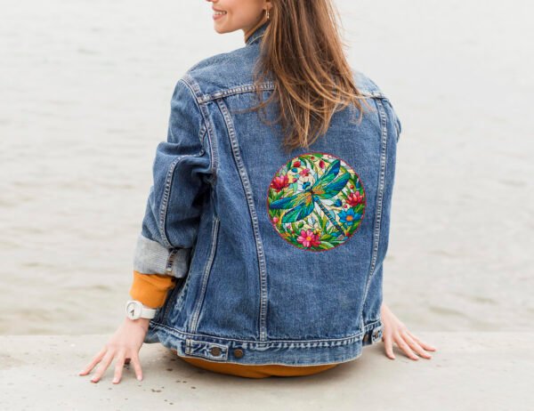 137 Dragonfly stained glass cross stitch design stitched on denim jacket mockup