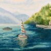 Italian lake Como landscape cross stitch in a frame, bright Lake Como scenery with boats and mountains, summer embroidery artwork