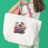 floral camera cross stitch pattern with hummingbird and flowers on tote bag