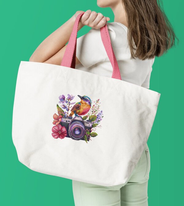 floral camera cross stitch pattern with hummingbird and flowers on tote bag