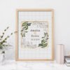 Poster Frame in living room Psd Mockup Framed wedding wreath cross stitch pattern with personalized couple names and date, elegant greens keepsake embroidery design