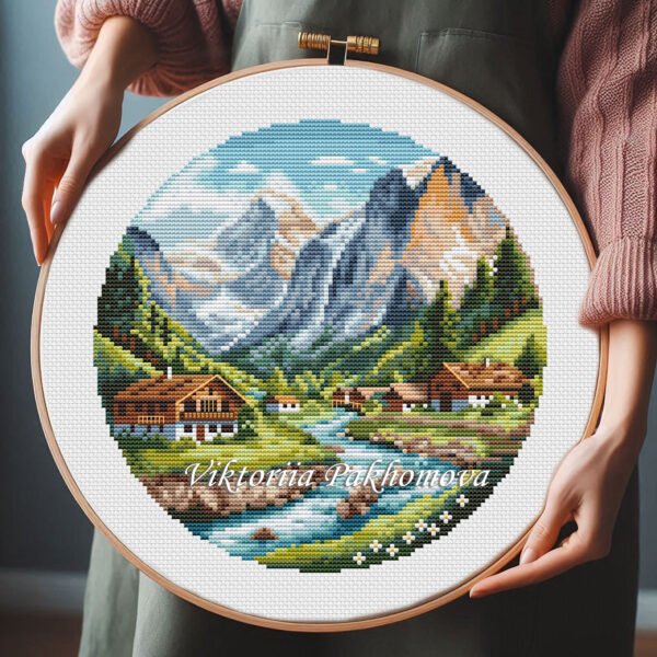 - Swiss mountain landscape embroidery design