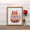 143 Framed cross stitch artwork of a romantic folk‑art cat with hearts and Scandinavian floral motifs