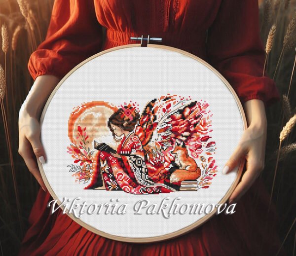 143 Fantasy elf girl and fox embroidery — bookworm fairy cross stitch artwork