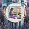 Morning coffee window scene cross stitch — cozy female embroidery pattern