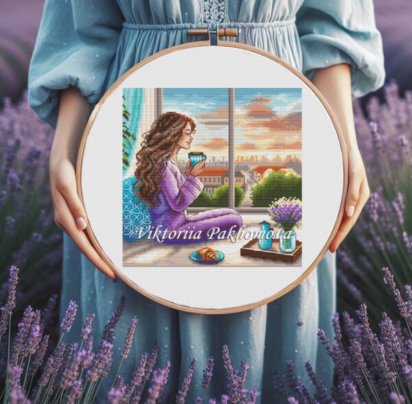 Morning coffee window scene cross stitch — cozy female embroidery pattern