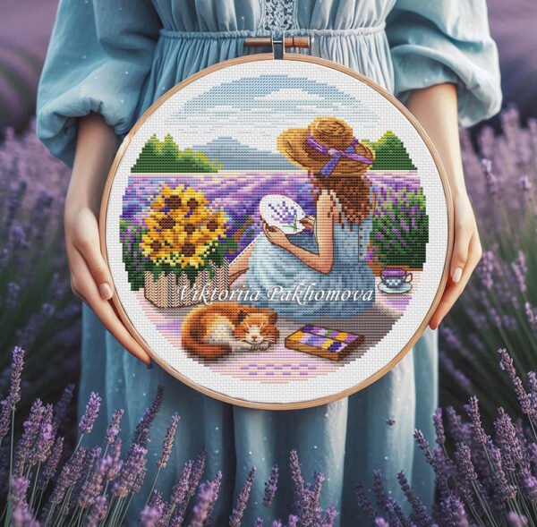 Girl stitching embroidery in lavender field cross stitch pattern — peaceful nature design