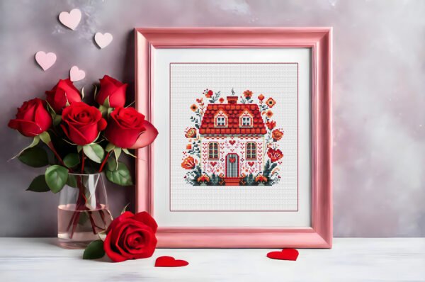 Framed cross stitch artwork of a floral folk art spring house with Scandinavian motifs and blooming flowers.
