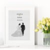 Framed wedding cross stitch pattern with personalized couple names and date, elegant monochrome keepsake embroidery design