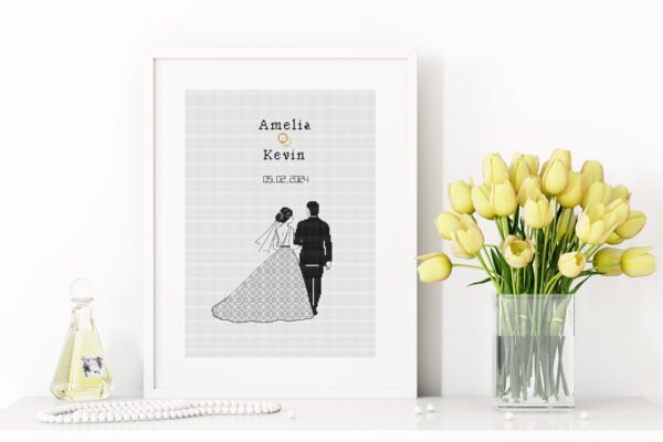 Framed wedding cross stitch pattern with personalized couple names and date, elegant monochrome keepsake embroidery design