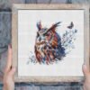 Mystical owl cross stitch pattern with butterfly and autumn branches, detailed wildlife embroidery by Viktoriia Pakhomova