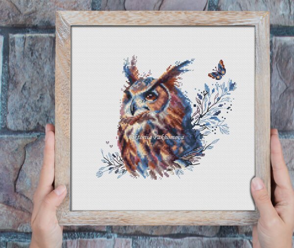 Mystical owl cross stitch pattern with butterfly and autumn branches, detailed wildlife embroidery by Viktoriia Pakhomova