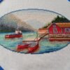 152125623_907098050228206_4308175211175261993_n Norway lake cross stitch displayed with cozy decor, peaceful mountain landscape embroidery
