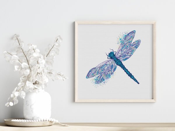 Cornflower dragonfly cross stitch design interior framed