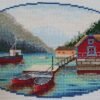 153682819_1726701690832882_659100957708886827_n Norway lake cross stitch displayed with cozy decor, peaceful mountain landscape embroidery