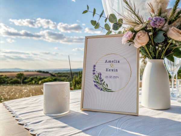 16 Framed lavender wedding wreath cross stitch pattern with personalized couple names and date, elegant purple floral keepsake embroidery design