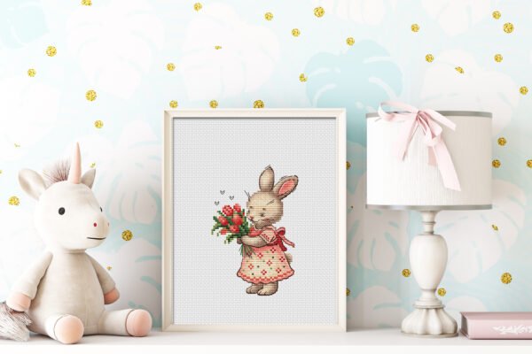 Cute Spring bunny girl cross stitch design for nursery decor