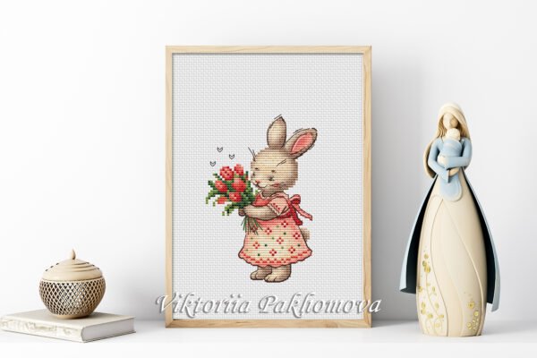 Colorful woodland animal Spring bunny girl embroidery pattern framed