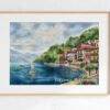 Italian village landscape cross stitch in a frame, bright Lake Como scenery with boats and mountains, summer embroidery artwork