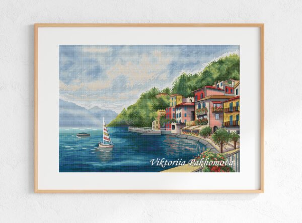 Italian village landscape cross stitch in a frame, bright Lake Como scenery with boats and mountains, summer embroidery artwork