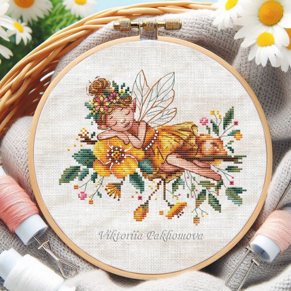 Summer Fairy cross stitch pattern, colorful digital embroidery design