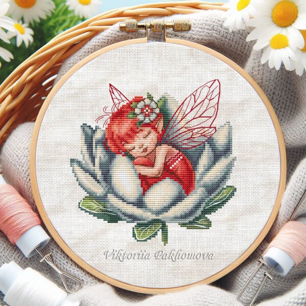 Lily fairy cross stitch pattern, colorful digital embroidery design