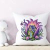 Purple Fairy House cross stitch design displayed on decorative pillow for nursery décor