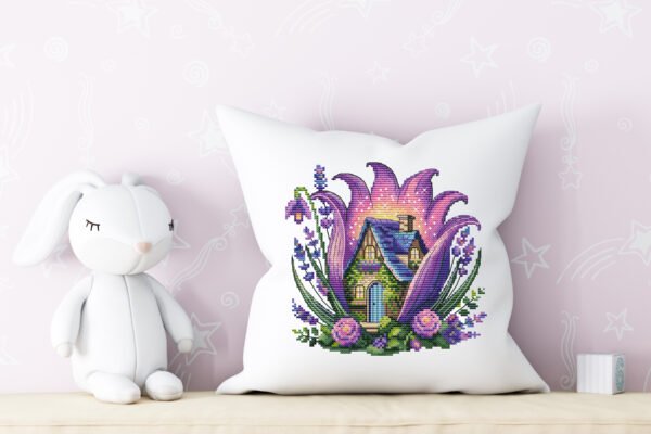 Purple Fairy House cross stitch design displayed on decorative pillow for nursery décor