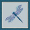 Blue dragonfly cross stitch pattern in hoop – detailed insect embroidery framed