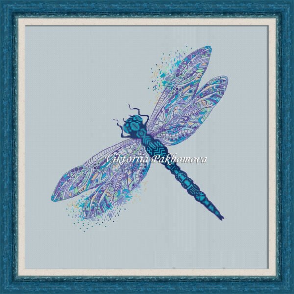 Blue dragonfly cross stitch pattern in hoop – detailed insect embroidery framed