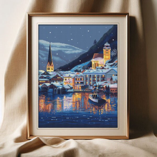 Hallstatt Austria Cross Stitch Pattern – Winter Village Embroidery, European Scenic City Design