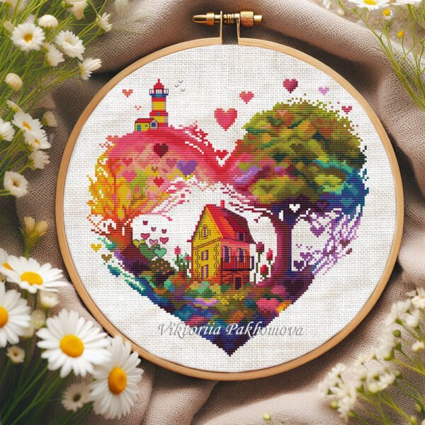 18 rainbow heart cross stitch pattern with landscape