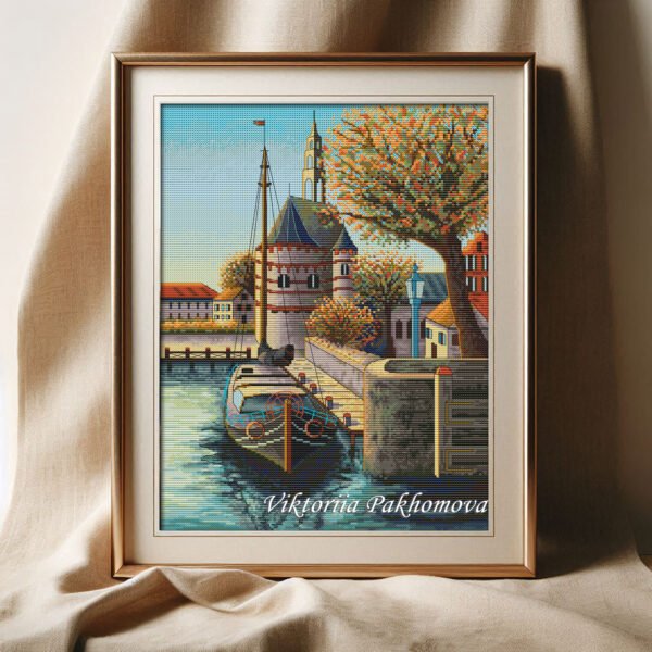 Holland harbour cross stitch pattern framed autumn landscape