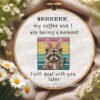 raccoon and coffee cross stitch pattern with funny quote