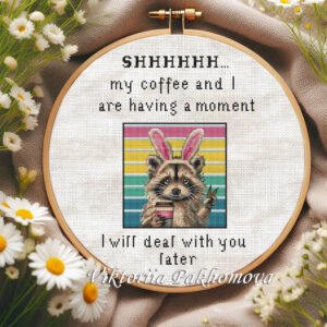 18 raccoon and coffee cross stitch pattern with funny quote