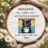 coffee cat cross stitch pattern with funny quote and rainbow stripes