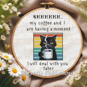 coffee cat cross stitch pattern with funny quote and rainbow stripes
