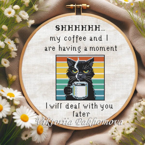 coffee cat cross stitch pattern with funny quote and rainbow stripes