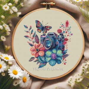 vintage camera cross stitch pattern with butterfly and flowers