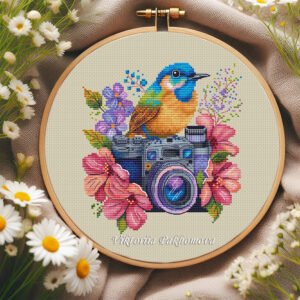 vintage camera cross stitch embroidery in a hoop