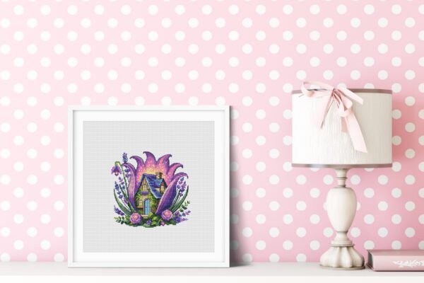 Framed cross stitch artwork of a purple fairy house surrounded by lavender flowers and summer greenery